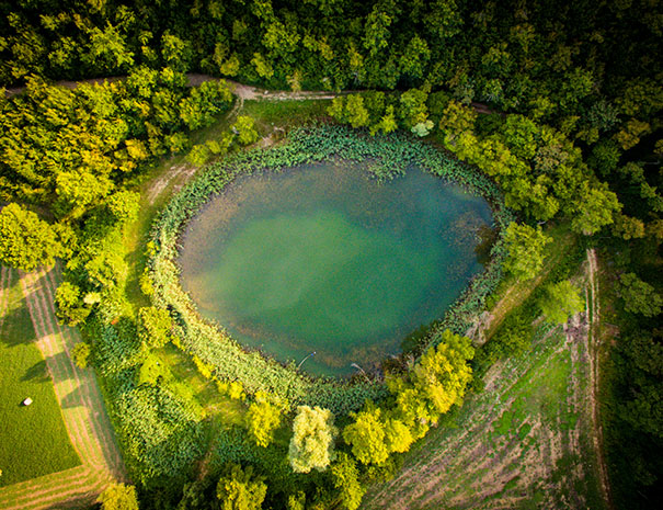 Vista dall’alto di un piccolo lago circondato da alberi e terreni.